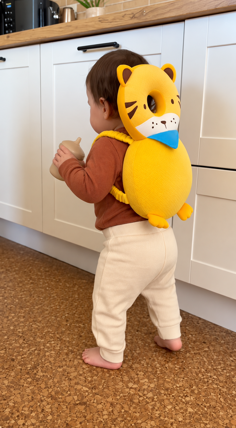 Toddler in a kitchen wearing a tiger plush backpack
