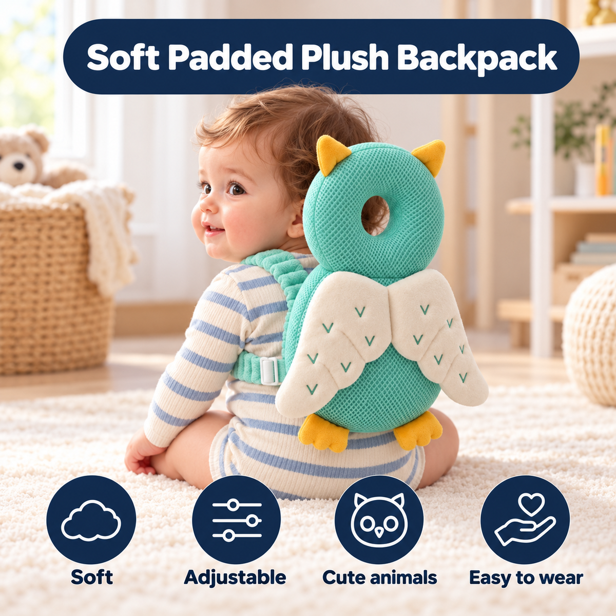 Baby wearing the Pillowpaws owl plush backpack