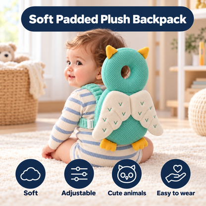 Baby wearing the Pillowpaws owl plush backpack
