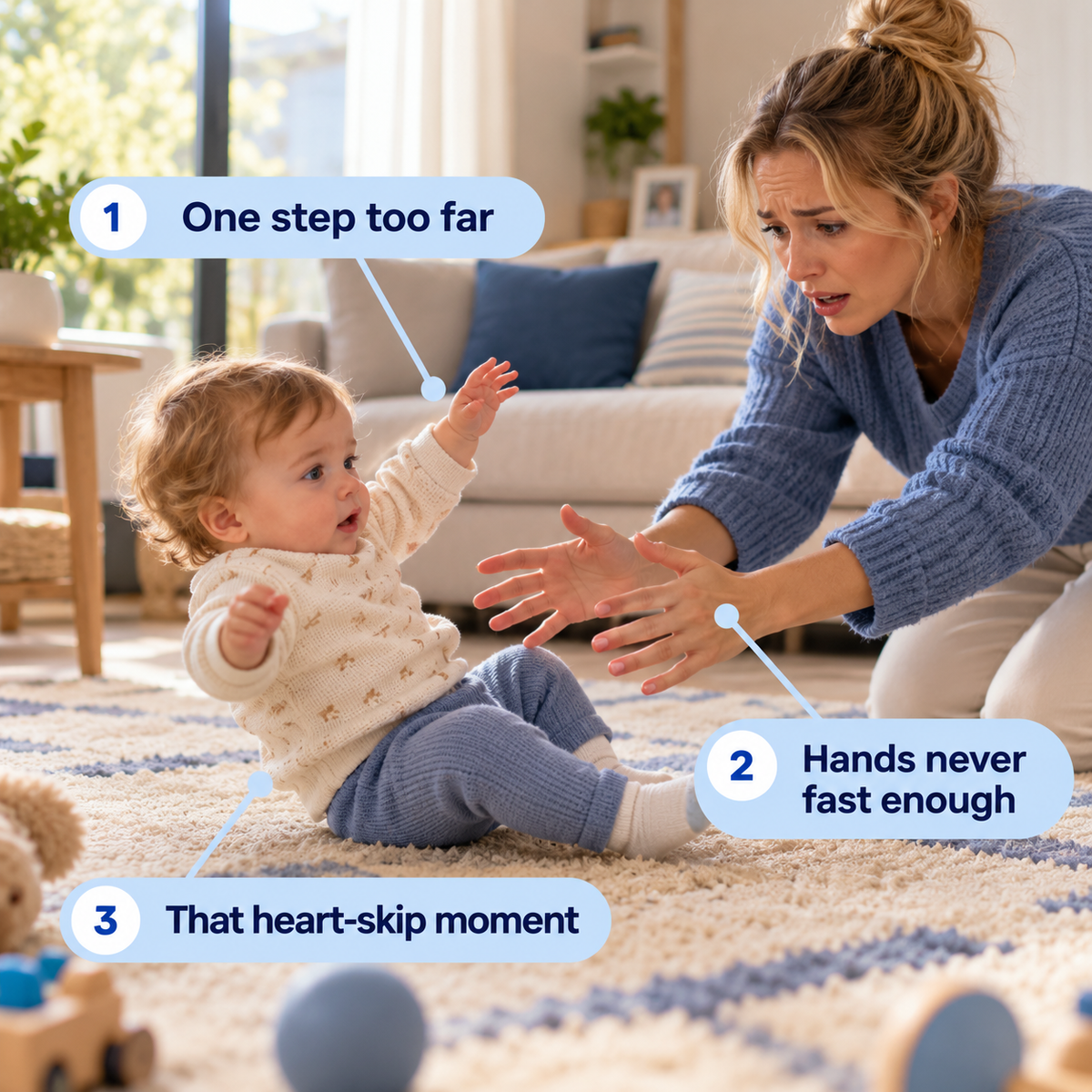 A mom reaching for a wobbling toddler